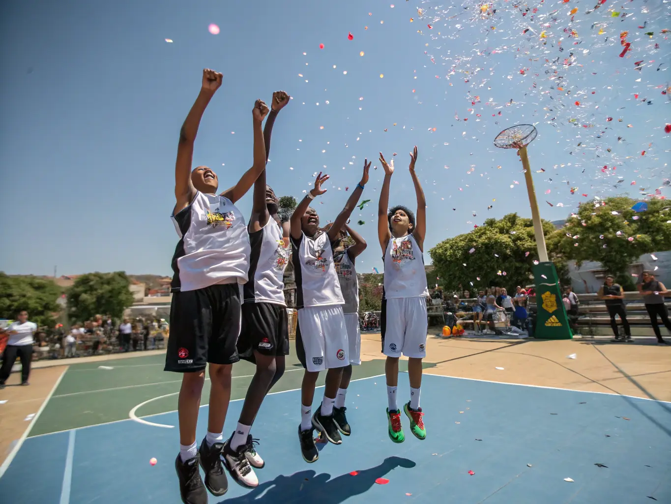 A student athlete celebrating a victory with their team, demonstrating the sense of accomplishment and personal growth achieved through sports.
