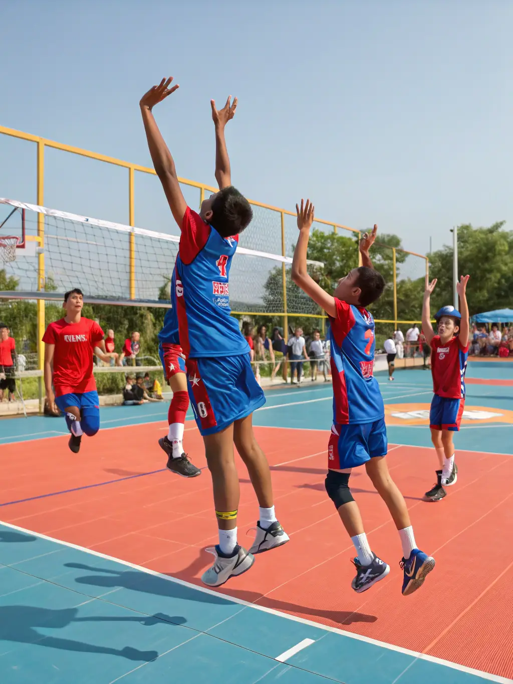 An energetic photo of students playing volleyball at ASS SPORTIVE DU COLLEGE D AIGRE, emphasizing coordination and collaboration.
