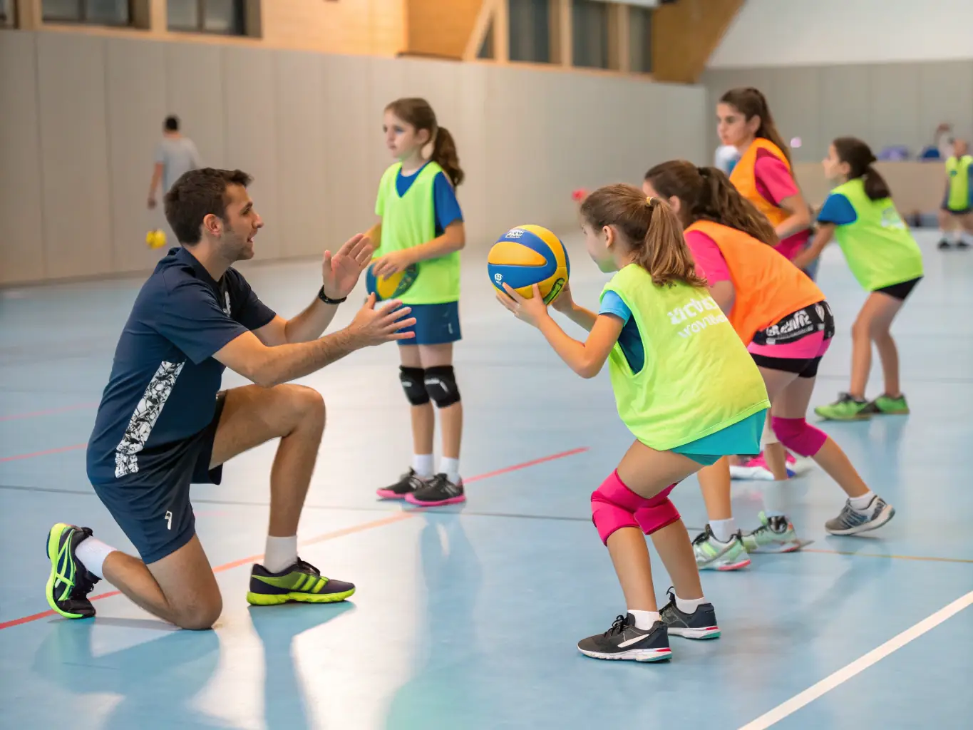 A diverse group of students collaborating during a volleyball match, emphasizing the importance of communication and strategic planning within the team.