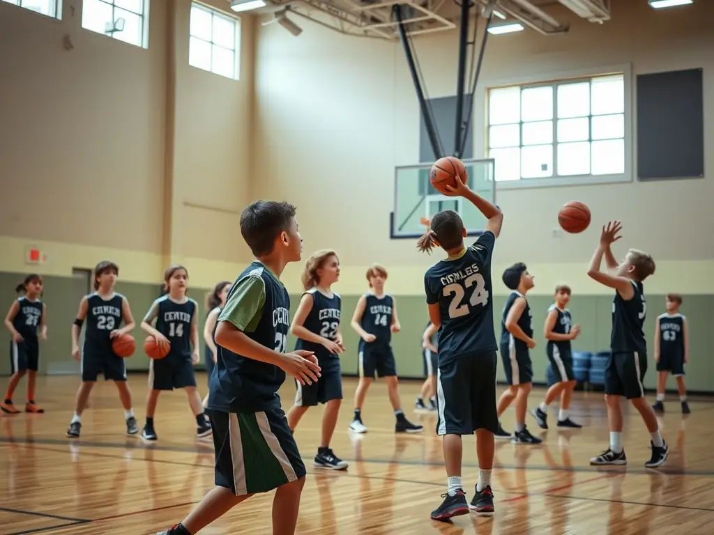 A group of students playing basketball in a school gymnasium, focusing on teamwork and coordination.