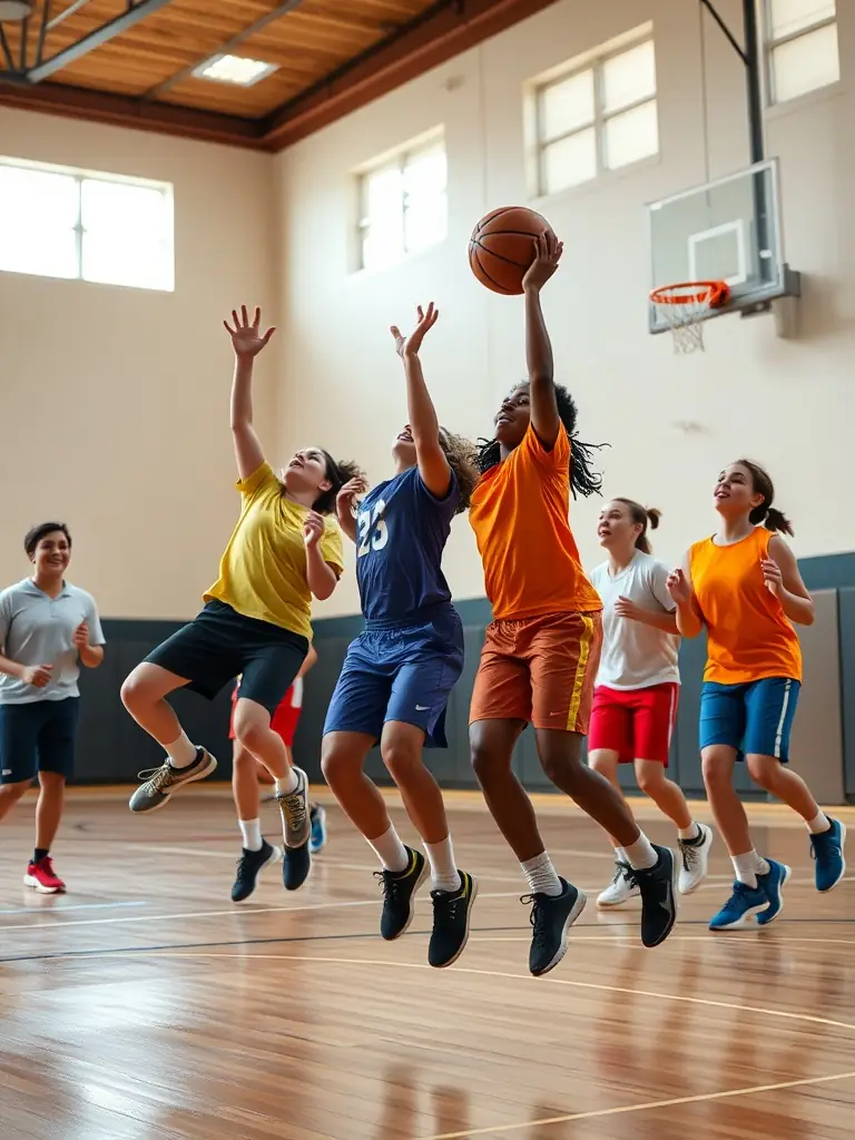 A dynamic image of students playing basketball indoors, emphasizing agility and coordination.